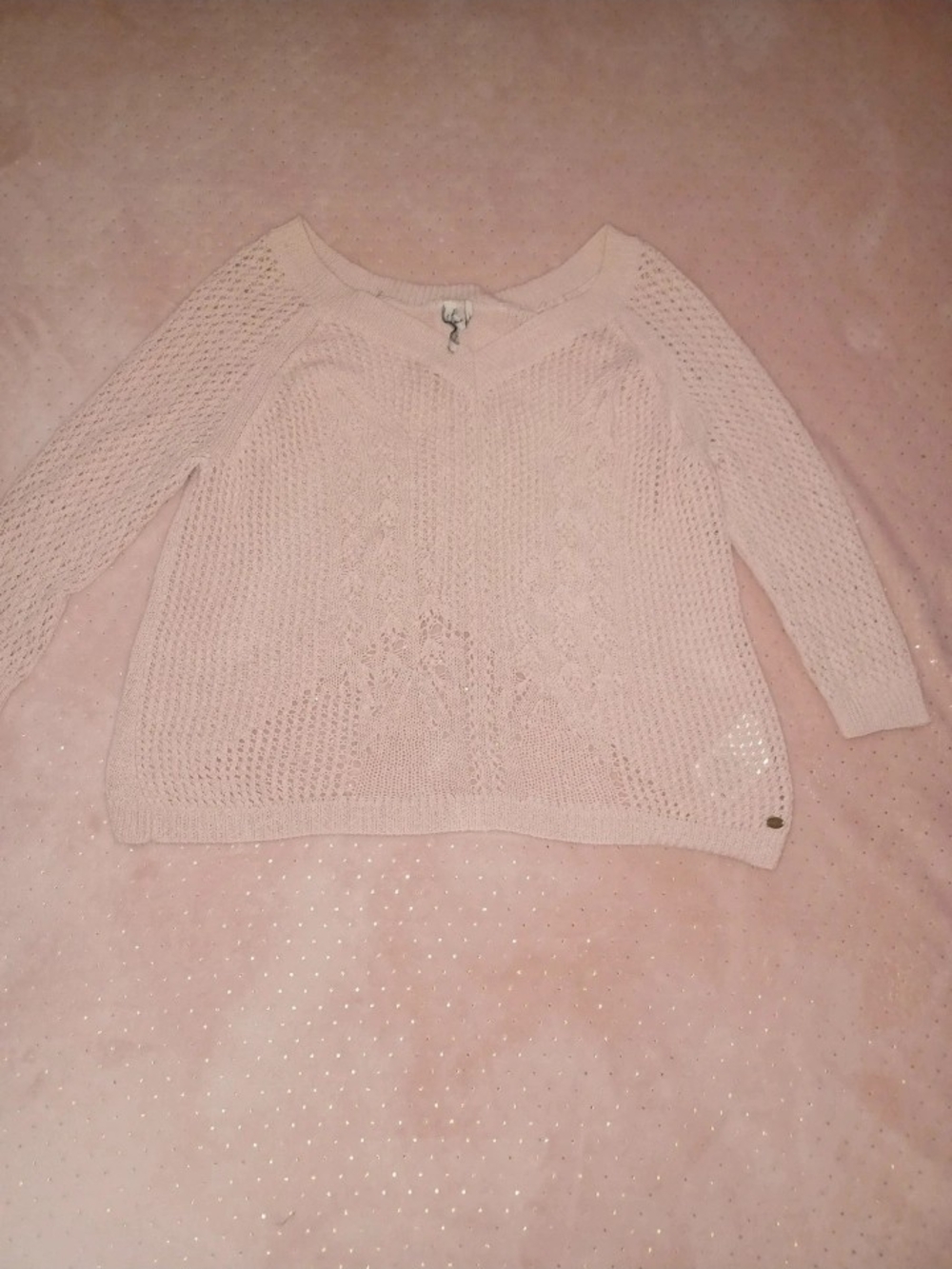 Guess Women's Light Pink Open-Knit V-Neck Sweater